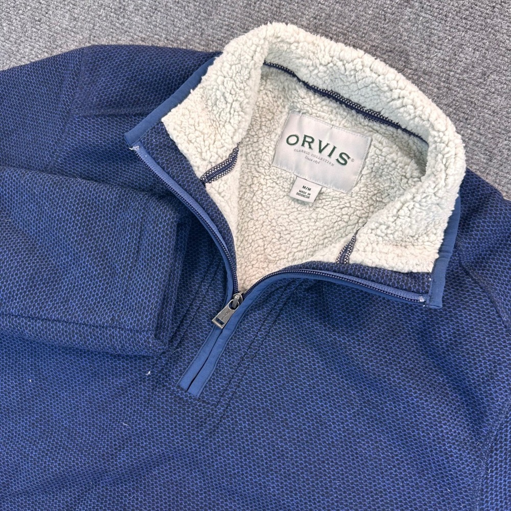 Orvis Mens M Blue Ribbed Knit Sherpa Lined Quarter Zip Pullover Sweater Classic